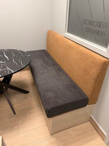 Charcoal and orange office banquette — commercial upholstery Montreal by Atlas Upholstering
