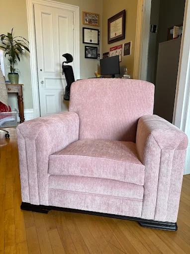 Pink corduroy armchair reupholstered — residential upholstery Montreal by Atlas Upholstering