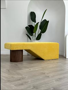 Yellow bouclé custom bench — bespoke furniture Montreal by Atlas Upholstering