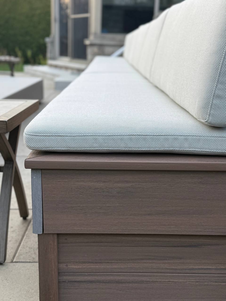 Luxury cream upholstered bed frame with tall panelled headboard and LED wall panels — custom headboard Montreal by Atlas Upholstering