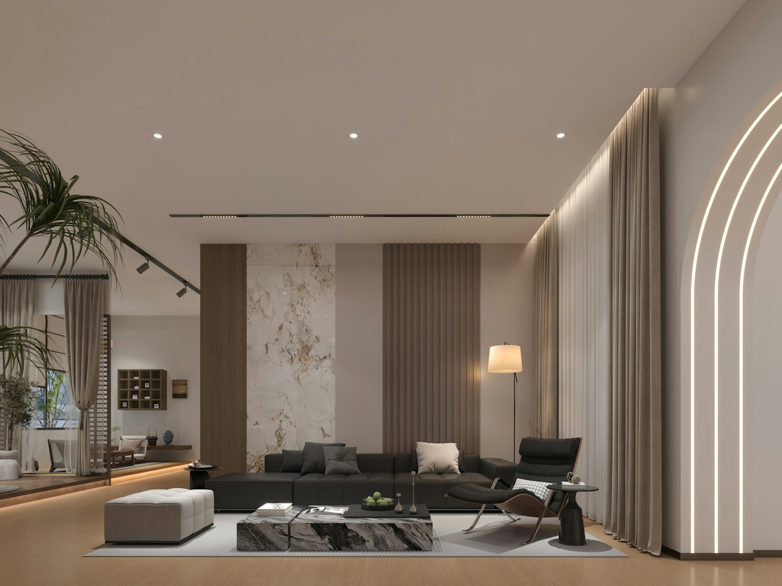 Modern charcoal sectional sofa in sophisticated neutral living room — professional reupholstering Montreal by Atlas Upholstering